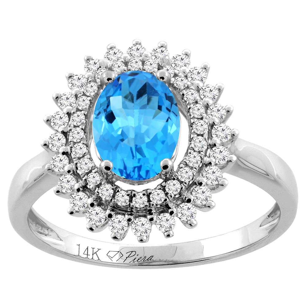 14K Gold Natural Swiss Blue Topaz Ring Oval 8x6 mm Double Halo Diamond Accents, sizes 5 - 10