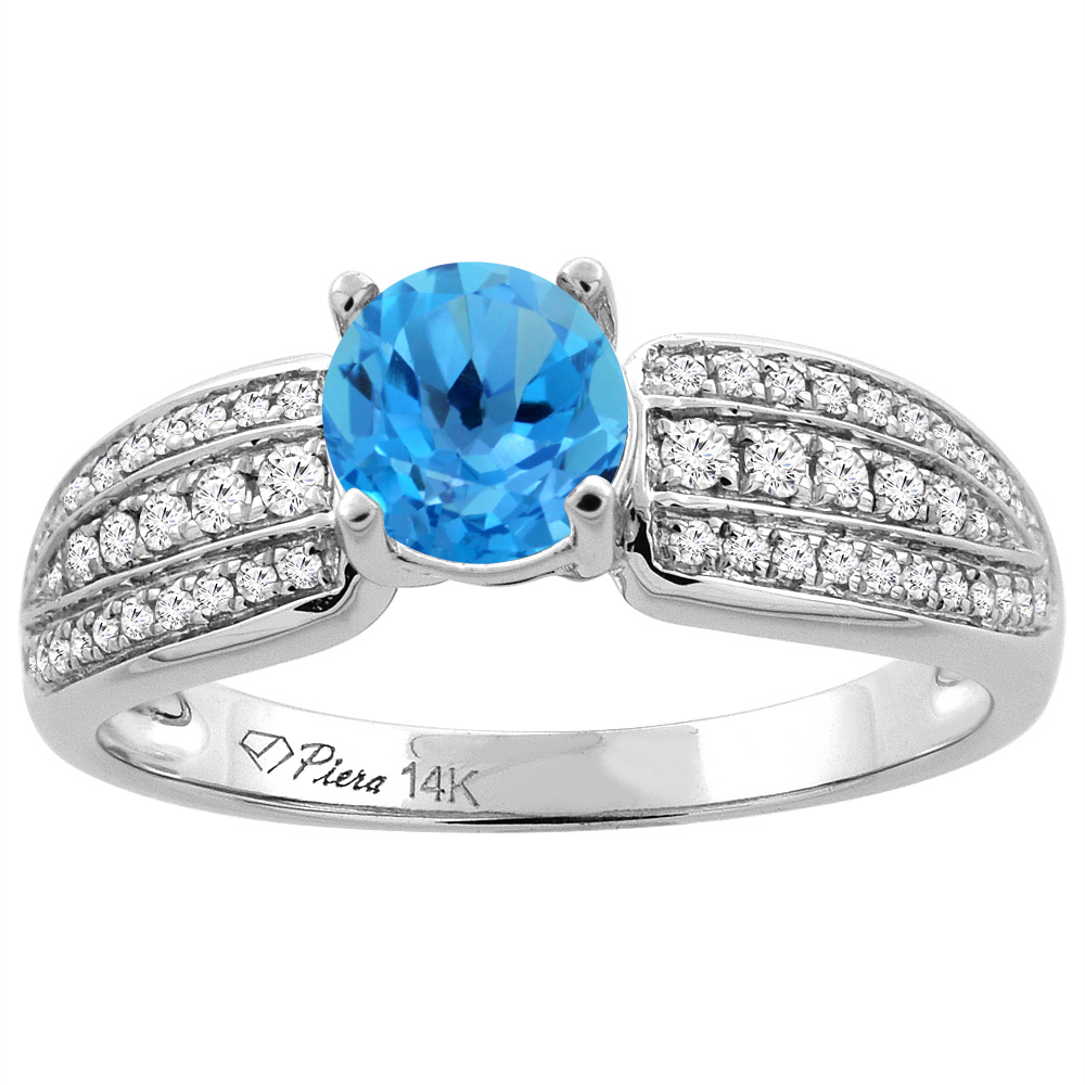 14K White Gold Natural Swiss Blue Topaz Engagement Ring Round 6 mm 3-row Diamond Accents, sizes 5 - 10