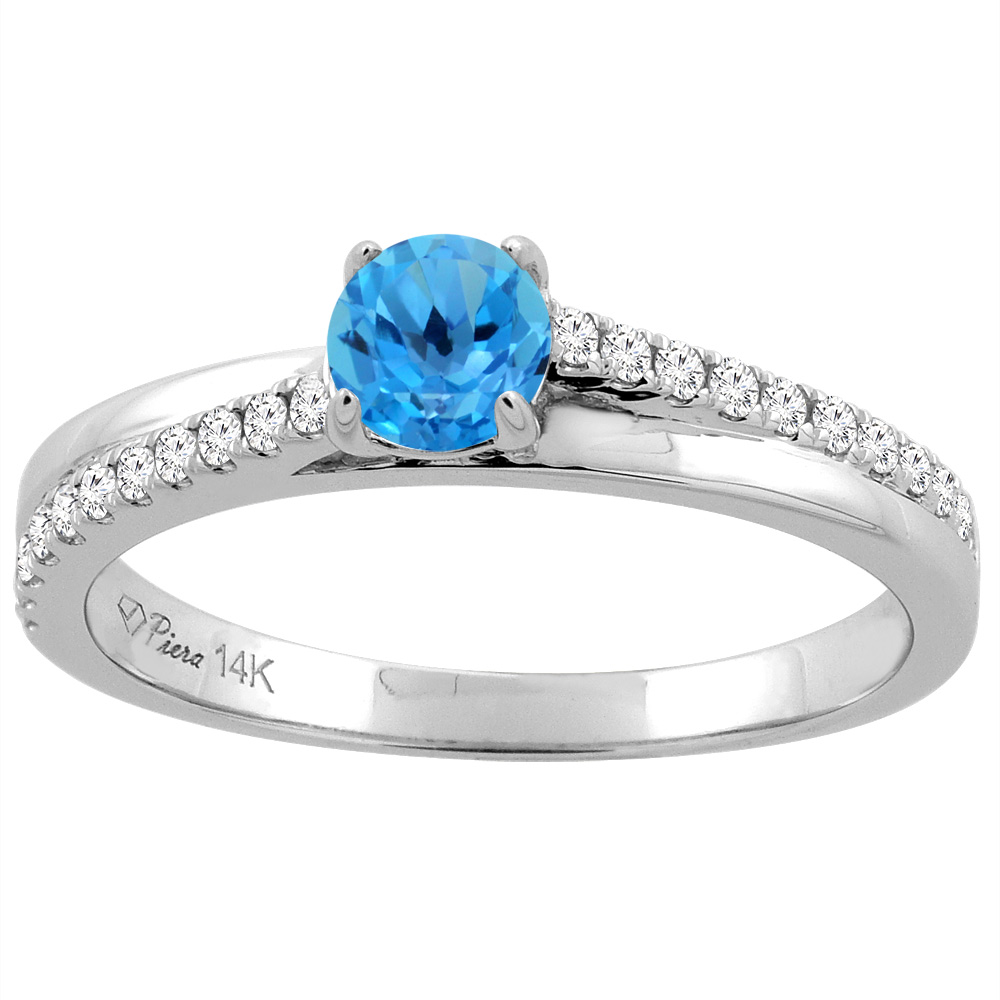14K White Gold Natural Swiss Blue Topaz Engagement Ring Round 5 mm &amp; Diamond Accents, sizes 5 - 10