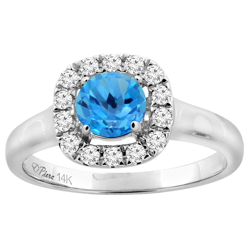 14K White Gold Natural Swiss Blue Topaz Halo Engagement Ring Round 6 mm Diamond Accents, sizes 5 - 10