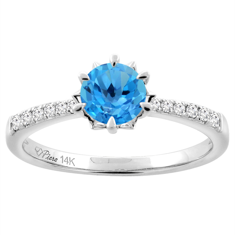 14K White Gold Natural Swiss Blue Topaz Engagement Ring Round 6 mm &amp; Diamond Accents, sizes 5 - 10