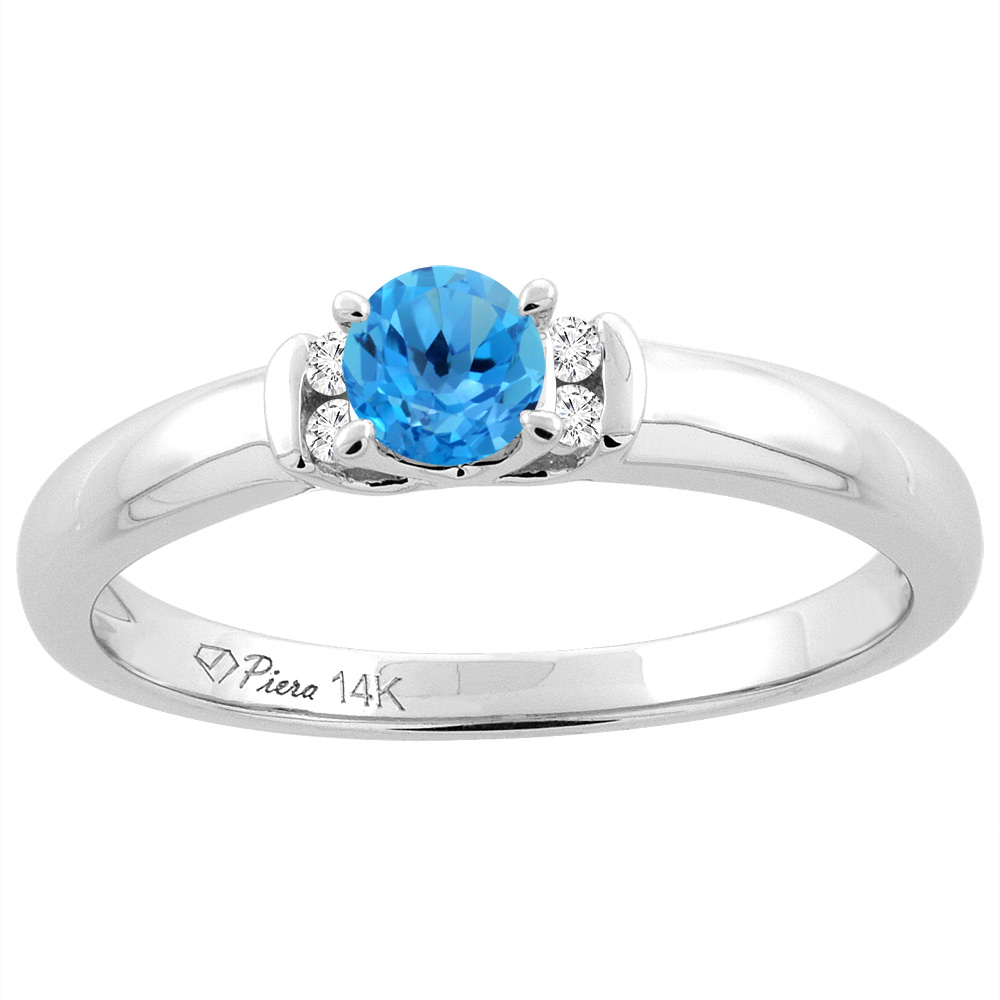 14K White Gold Natural Swiss Blue Topaz Engagement Ring Round 4 mm &amp; Diamond Accents, sizes 5 - 10