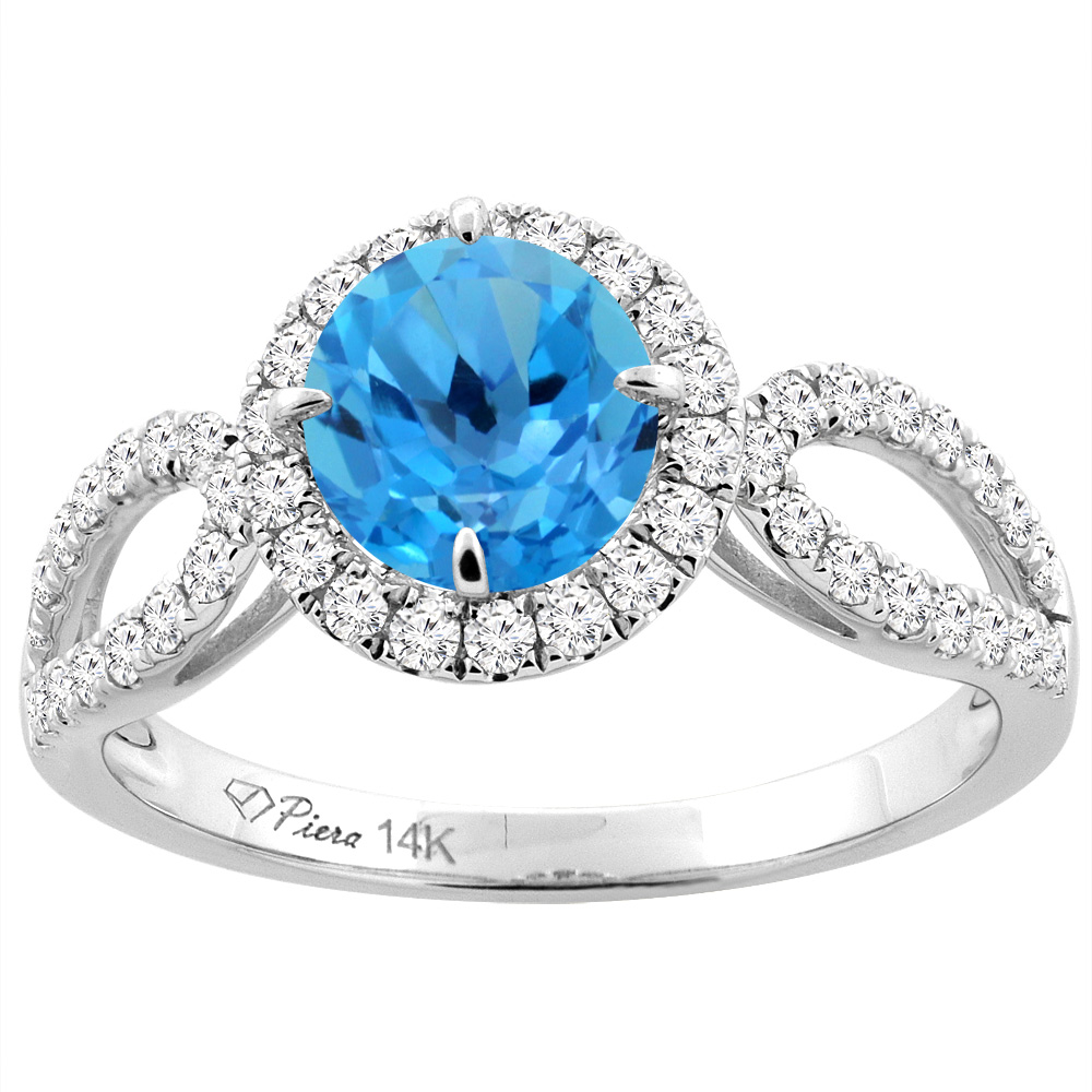 14K White Gold Natural Swiss Blue Topaz Engagement Halo Ring Round 6 mm &amp; Diamond Accents, sizes 5 - 10