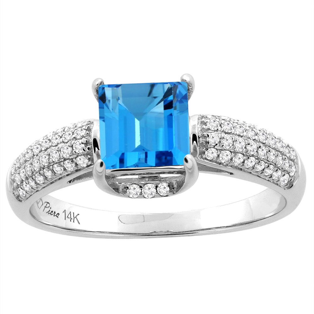 14K White Gold Natural Swiss Blue Topaz Engagement Ring Square 6 mm &amp; Diamond Accents, sizes 5 - 10