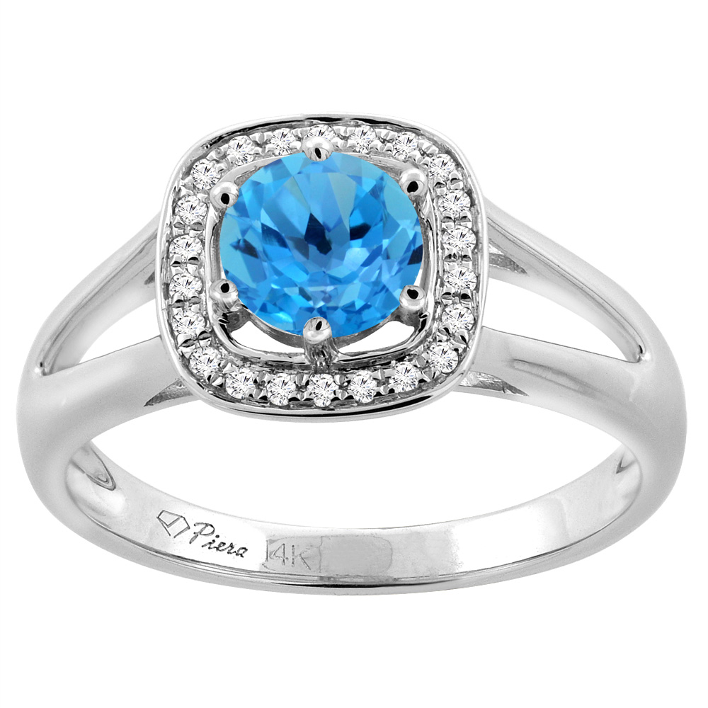 14K White Gold Natural Swiss Blue Topaz Engagement Halo Ring Round 6 mm & Diamond Accents, sizes 5 - 10