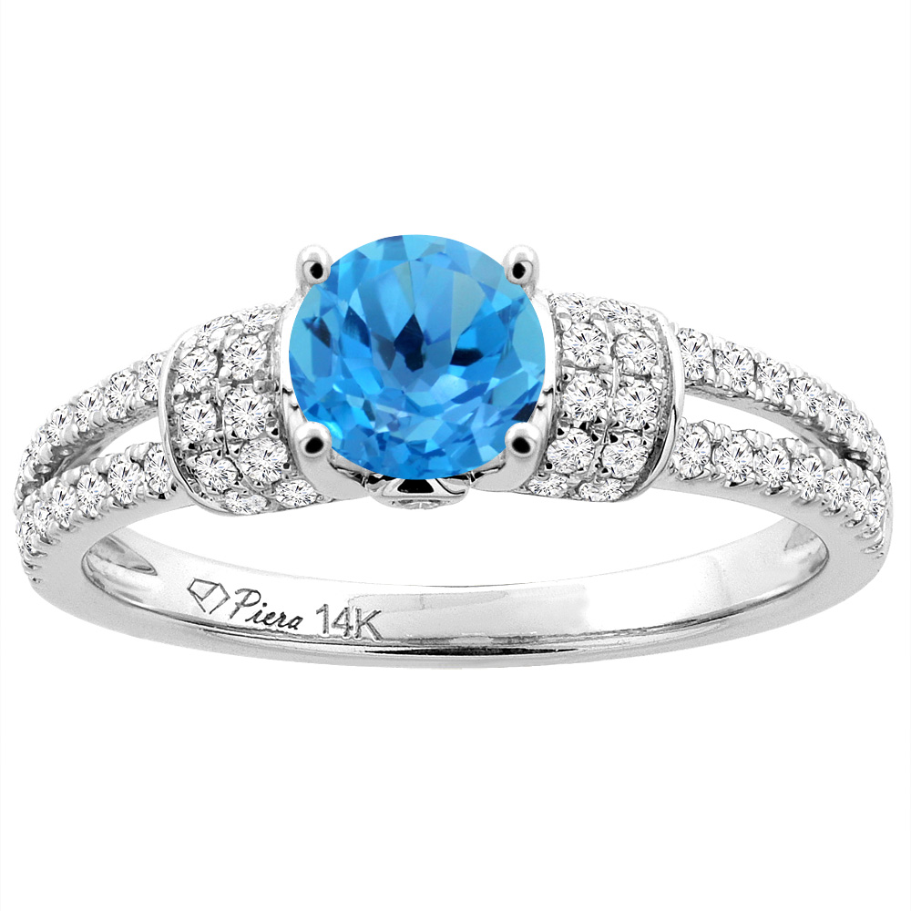 14K White Gold Natural Swiss Blue Topaz Engagement Ring Round 6 mm & Diamond Accents, sizes 5 - 10