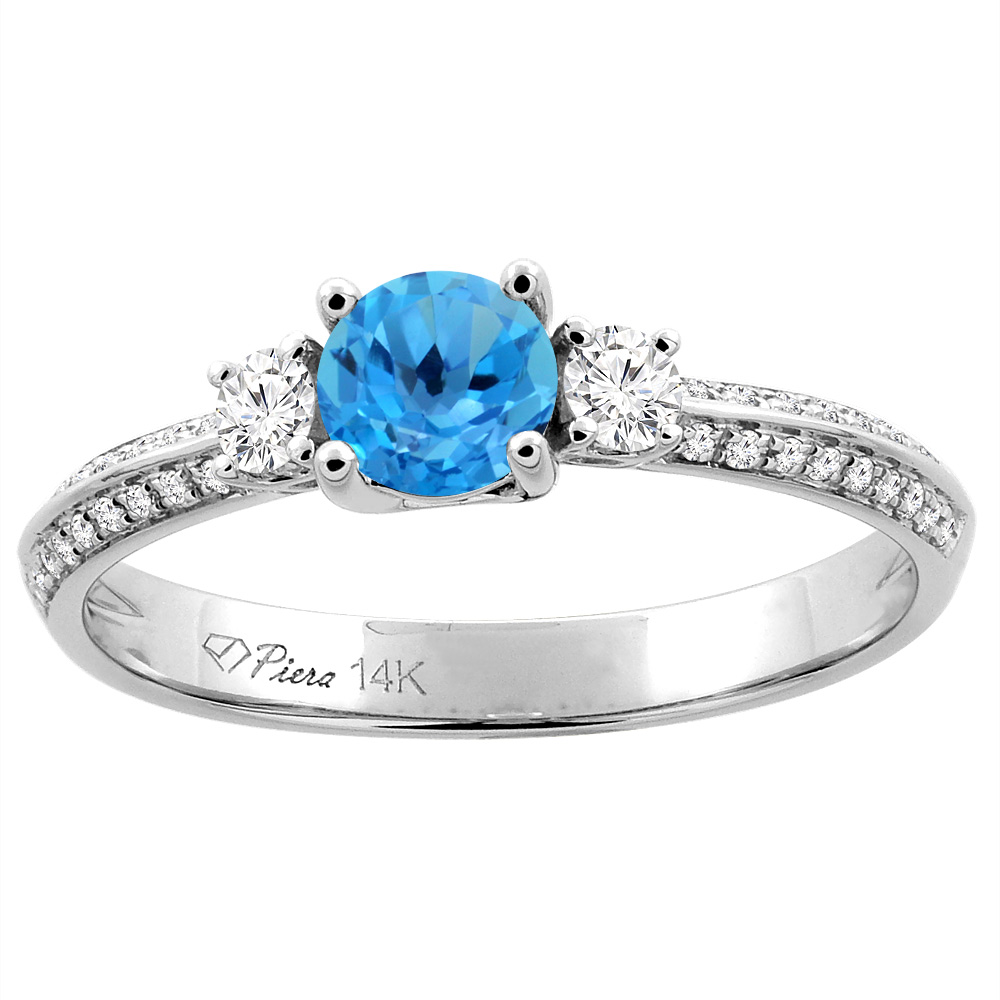 14K White Gold Natural Swiss Blue Topaz Engagement Ring Round 5 mm & Diamond Accents, sizes 5 - 10