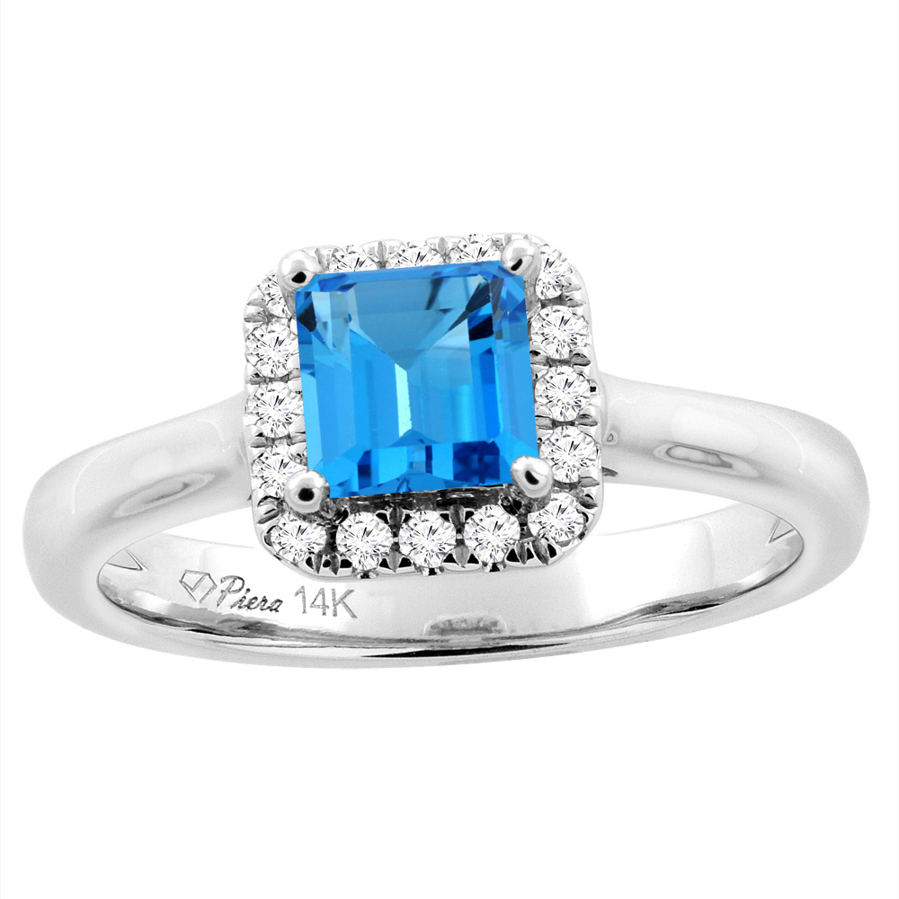 14K White Gold Natural Swiss Blue Topaz Halo Engagement Ring Square 5 mm & Diamond Accents, sizes 5 - 10