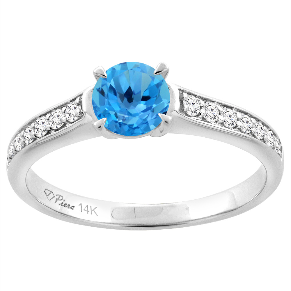 14K White Gold Natural Swiss Blue Topaz Engagement Ring Round 6 mm &amp; Diamond Accents, sizes 5 - 10