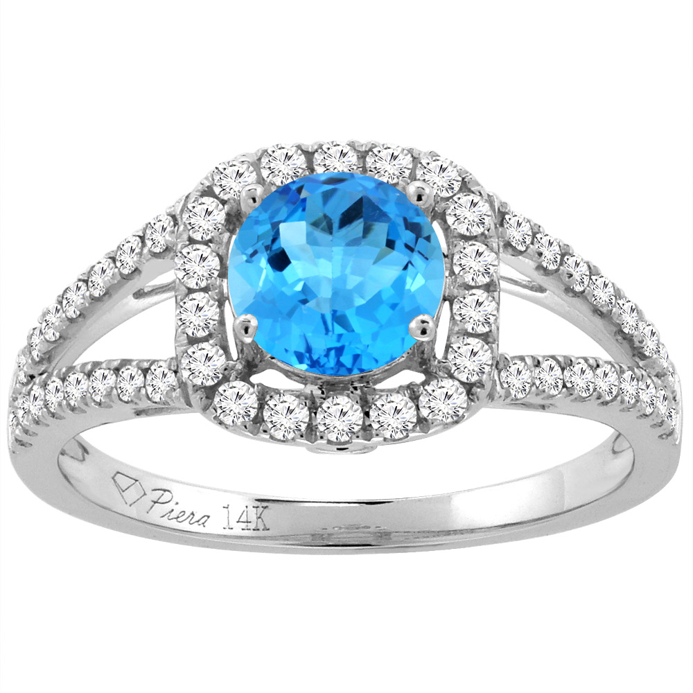 14K White Gold Diamond Natural Swiss Blue Topaz Engagement Halo Ring Round 7 mm, sizes 5-10