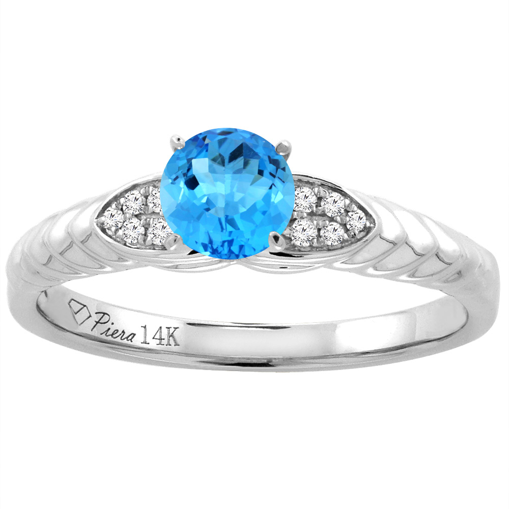 14K White Gold Diamond Natural Swiss Blue Topaz Engagement Ring Round 5 mm, sizes 5-10