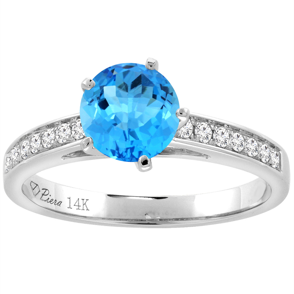 14K White Gold Diamond Natural Swiss Blue Topaz Engagement Ring Round 7 mm, sizes 5-10