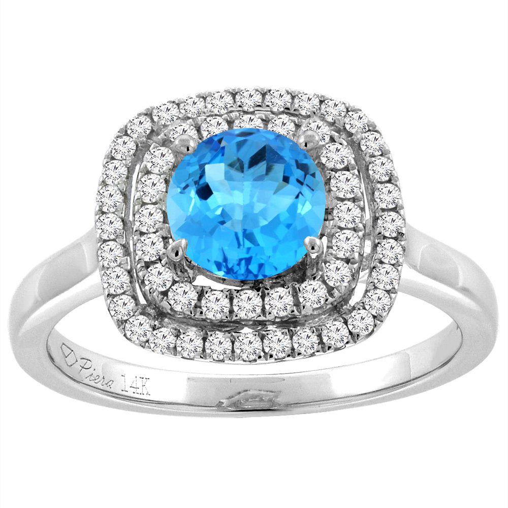 14K White Gold Natural Swiss Blue Topaz Double Halo Diamond Engagement Ring Round 7 mm, sizes 5-10
