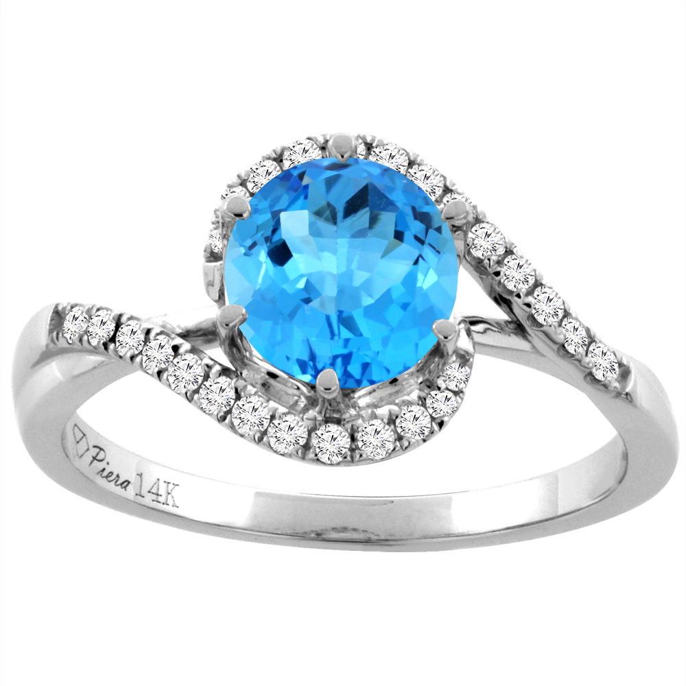 14K White Gold Diamond Natural Swiss Blue Topaz Bypass Engagement Ring Round 7 mm, sizes 5-10