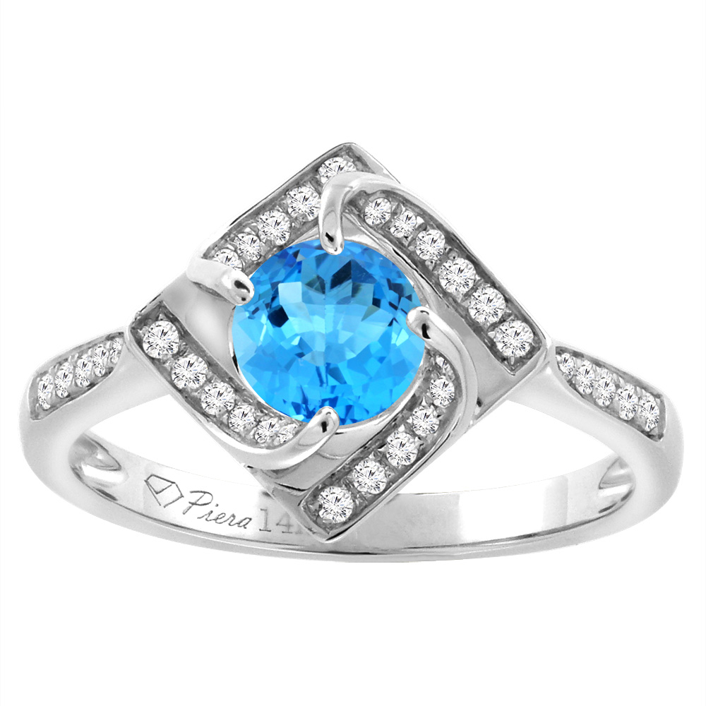 14K White Gold Diamond Natural Swiss Blue Topaz Engagement Ring Round 7 mm, sizes 5-10