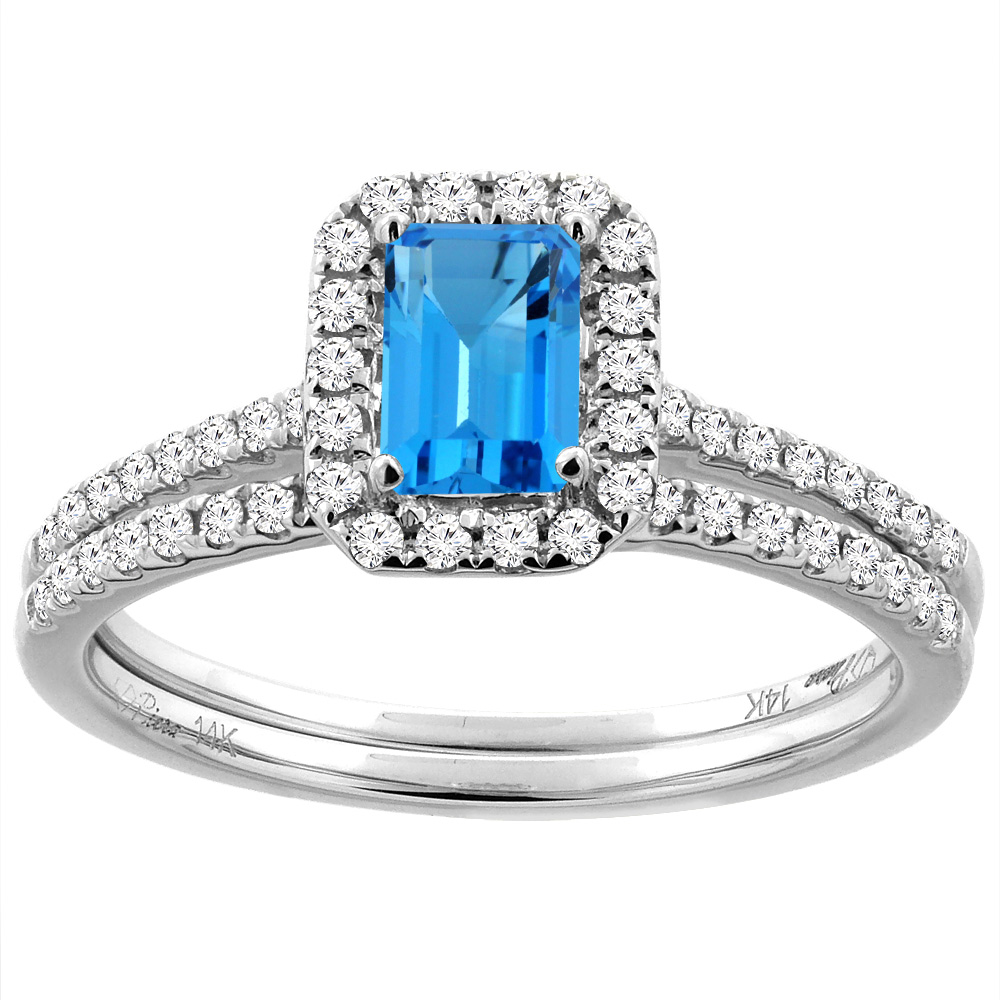 14K White/Yellow Gold Diamond Halo Natural Swiss Blue Topaz 2pc Engagement Ring Set Octagon 7x5 mm,size5-10