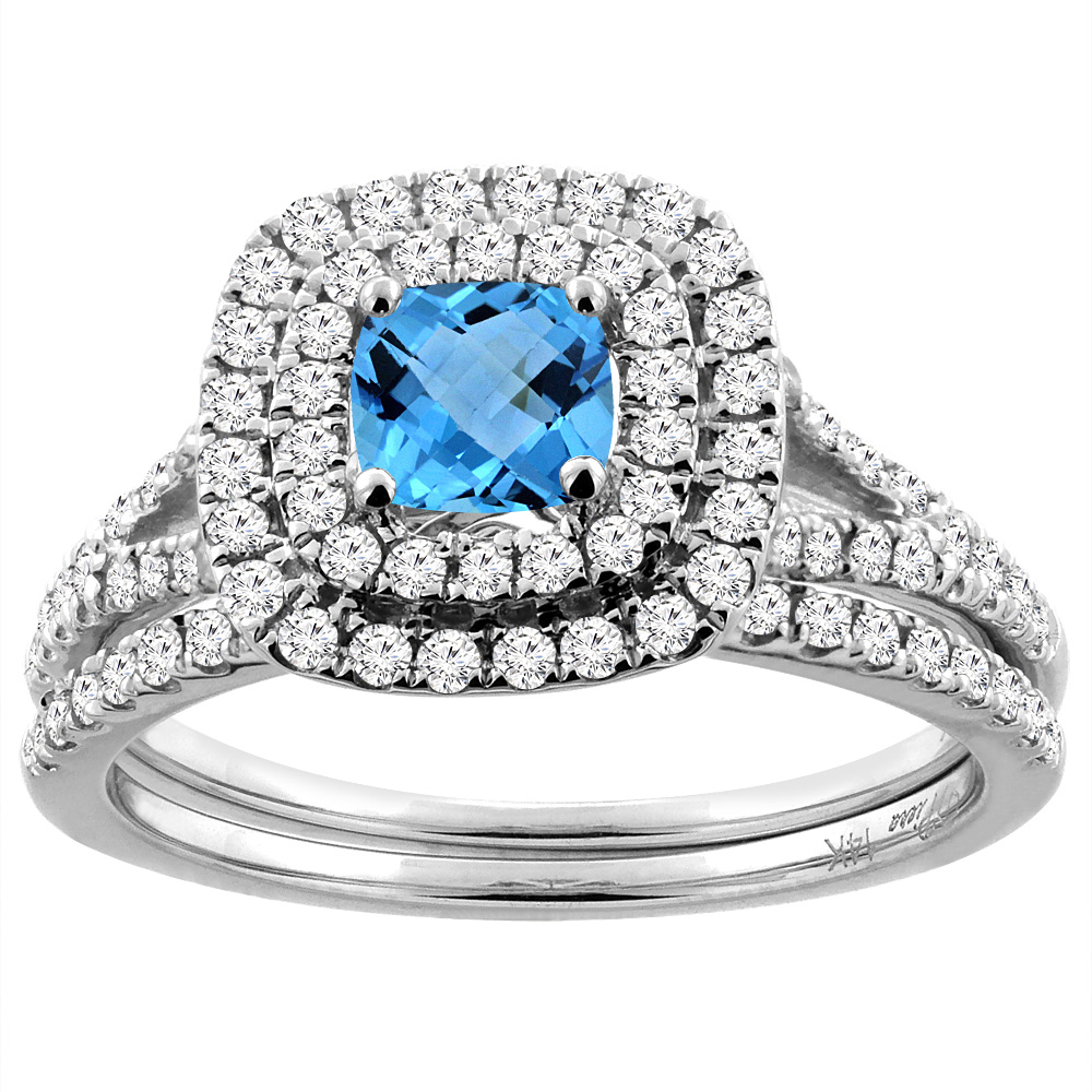 14K White Gold Diamond Halo Natural Swiss Blue Topaz 2pc Engagement Ring Set Cushion 6x6 mm,size5-10