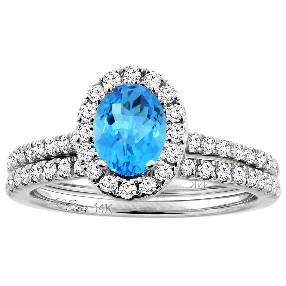 14K White/Yellow Gold Diamond Halo Natural Swiss Blue Topaz 2pc Engagement Ring Set Oval 7x5 mm, sizes 5-10