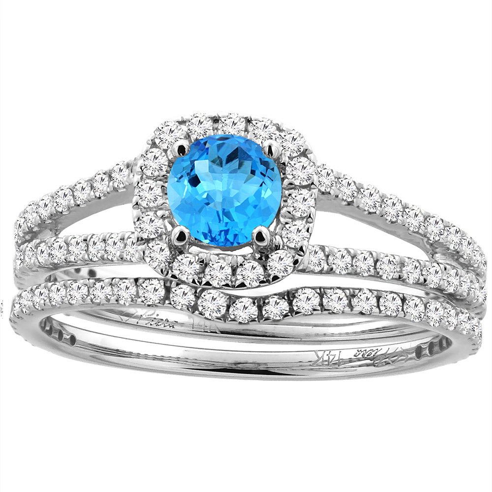 14K White Gold Diamond Halo Natural Swiss Blue Topaz 2pc Engagement Ring Set Round 5 mm, sizes 5-10