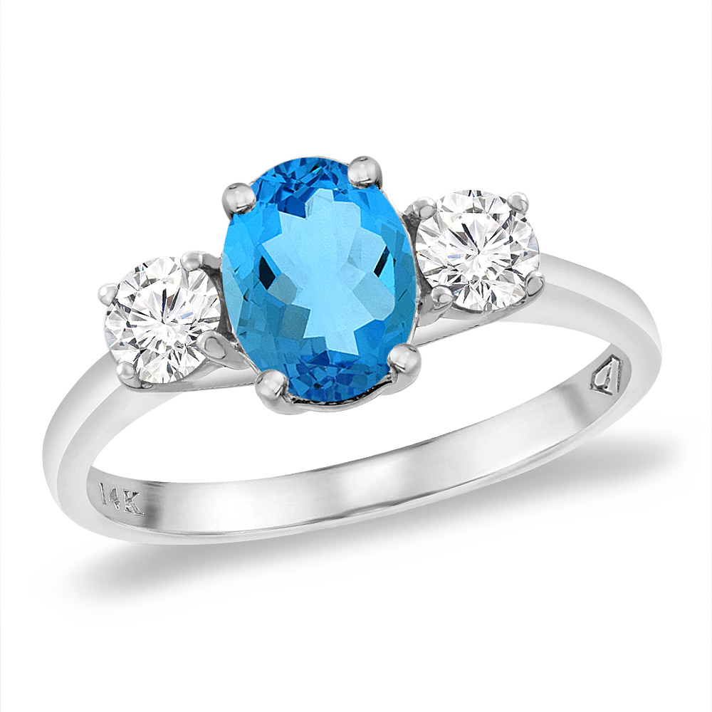 14K White Gold Natural Swiss Blue Topaz & 2pc. Diamond Engagement Ring Oval 8x6 mm, sizes 5 -10