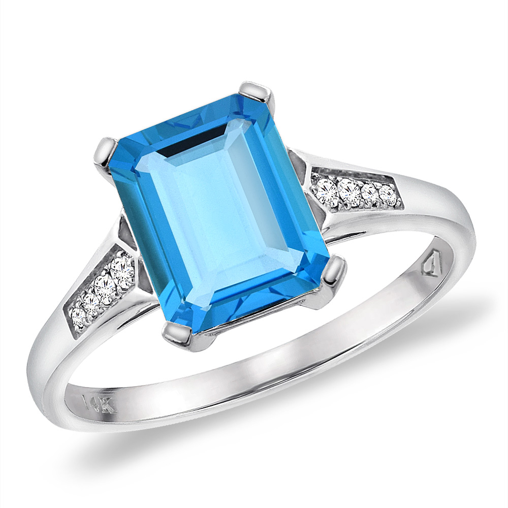 14K White Gold Natural Swiss Blue Topaz Ring 9x7 mm Octagon with Diamond Accent, sizes 5 -10