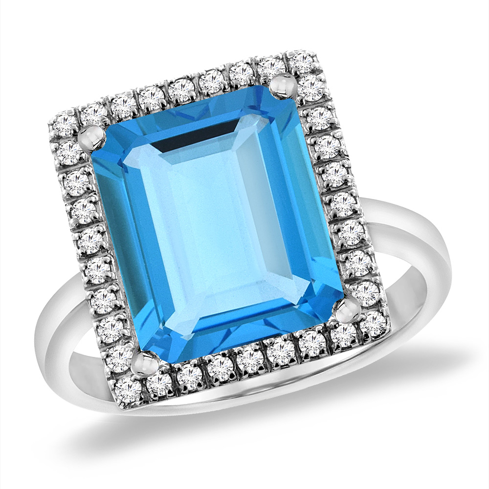 14K White Gold Natural Swiss Blue Topaz Ring Diamond Accent 12x10 mm Octagon, sizes 5 -10