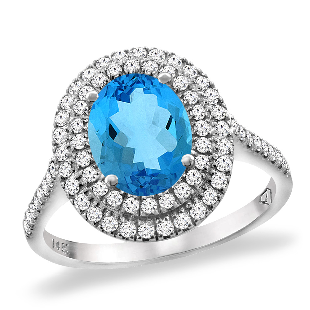 14K White Gold Natural Swiss Blue Topaz Two Halo Diamond Engagement Ring 9x7 mm Oval, sizes 5 -10