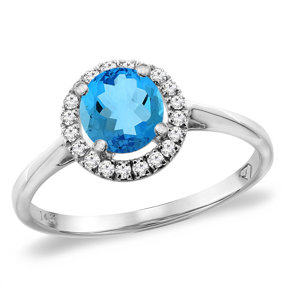 14K White Gold Diamond Halo Natural Swiss Blue Topaz Engagement Ring Round 6 mm, sizes 5 -10