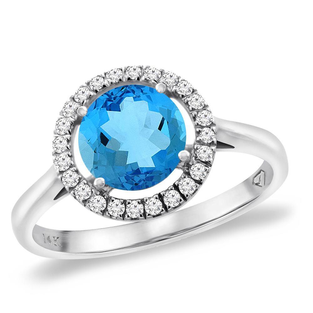 14K White Gold Natural Swiss Blue Topaz Halo Engagement Ring Round 8 mm, sizes 5 -10