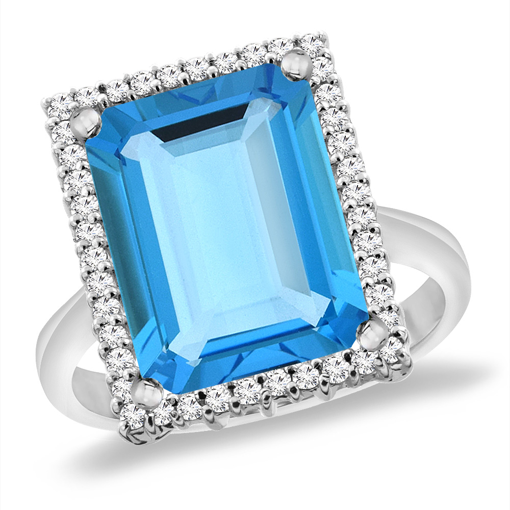14K White Gold Natural Swiss Blue Topaz Ring Diamond Accent 14x10 mm Octagon, sizes 5 -10