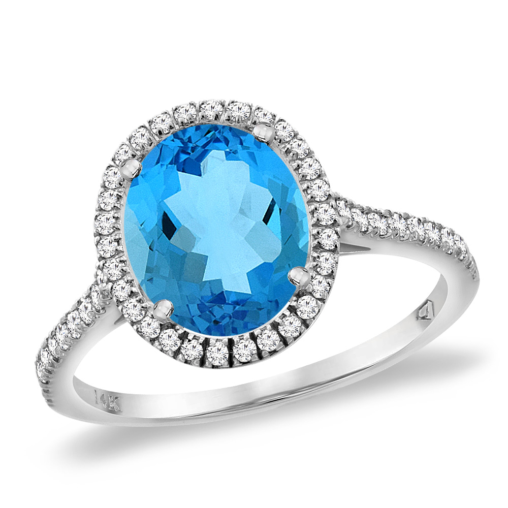 14K White Gold Natural Swiss Blue Topaz Diamond Halo Engagement Ring 10x8 mm Oval, sizes 5 -10
