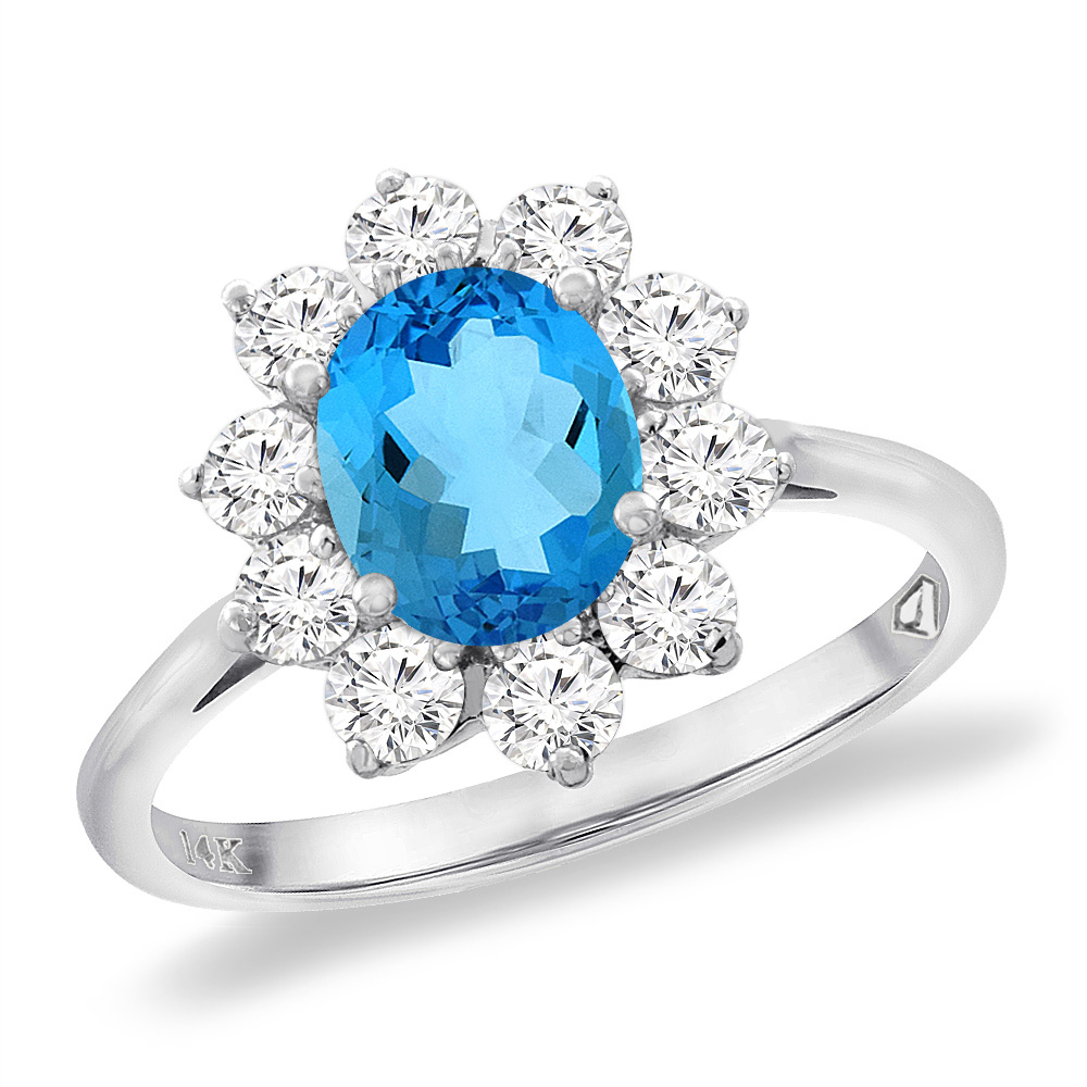 14K White Gold Diamond Natural Swiss Blue Topaz Engagement Ring Oval 8x6 mm, sizes 5 -10