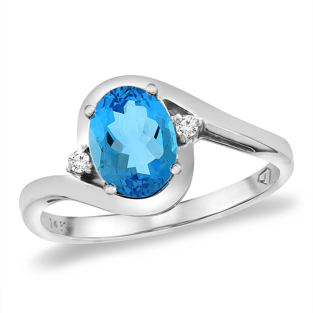 14K White Gold Diamond Natural Swiss Blue Topaz Bypass Engagement Ring Oval 8x6 mm, sizes 5 -10