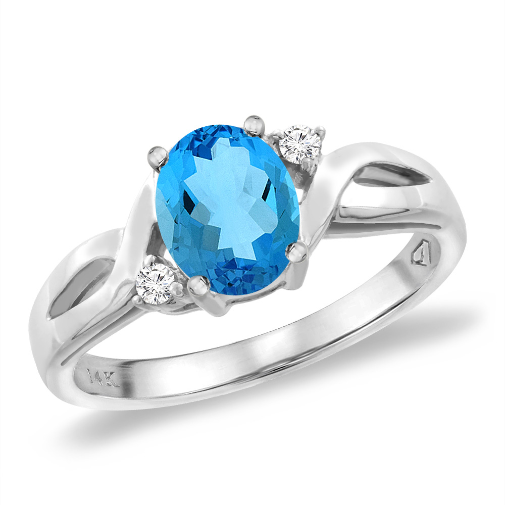 14K White Gold Diamond Natural Swiss Blue Topaz Engagement Ring Oval 8x6 mm, sizes 5 -10