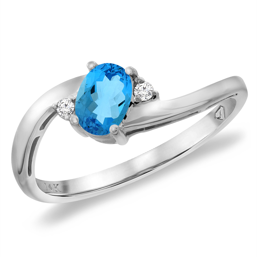 14K White Gold Diamond Natural Swiss Blue Topaz Bypass Engagement Ring Oval 6x4 mm, sizes 5 -10