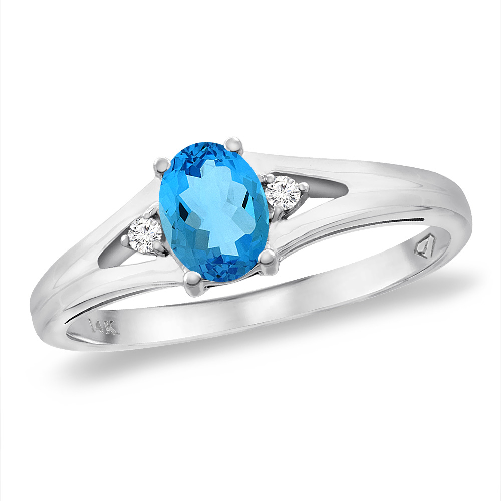 14K White Gold Diamond Natural Swiss Blue Topaz Engagement Ring Oval 6x4 mm, sizes 5 -10