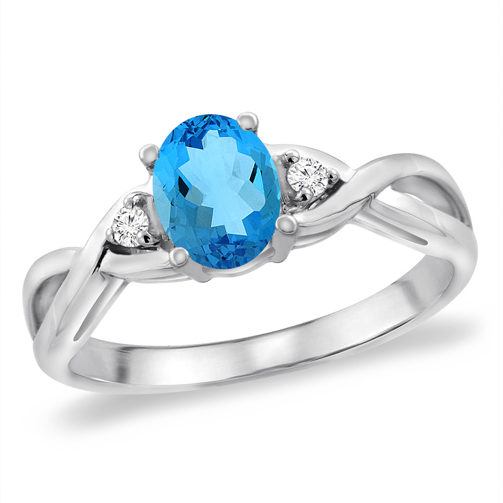 14K White Gold Diamond Natural Swiss Blue Topaz Infinity Engagement Ring Oval 7x5 mm, sizes 5 -10