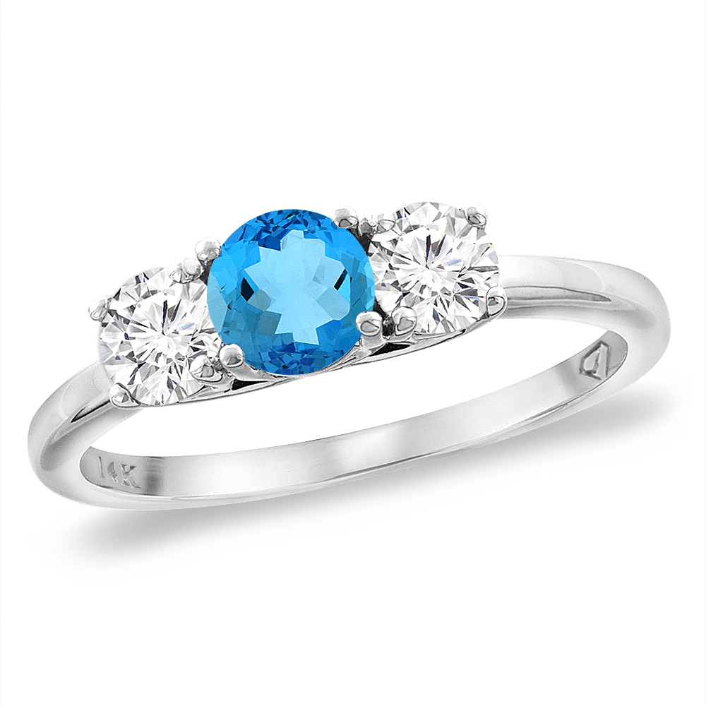 14K White Gold Diamond Natural Swiss Blue Topaz Engagement Ring 5mm Round, sizes 5 -10