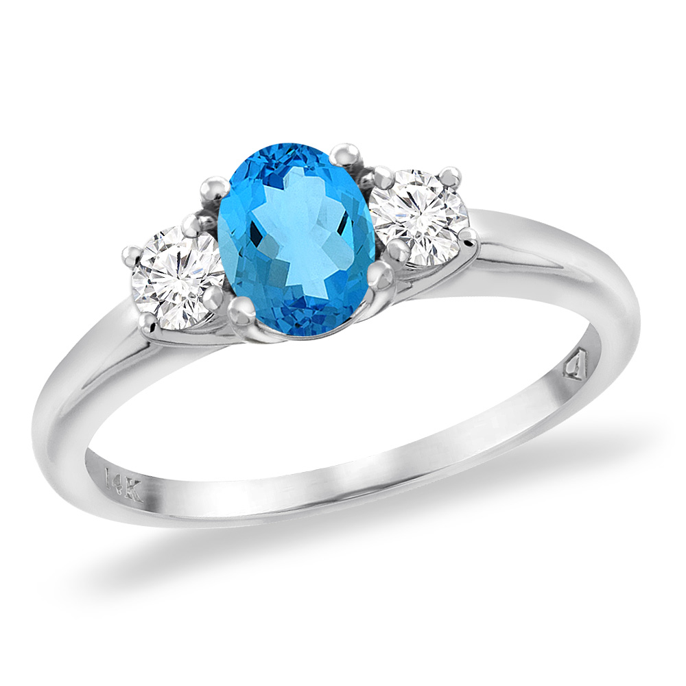 14K White Gold Natural Swiss Blue Topaz Engagement Ring Diamond Accents Oval 7x5 mm, sizes 5 -10