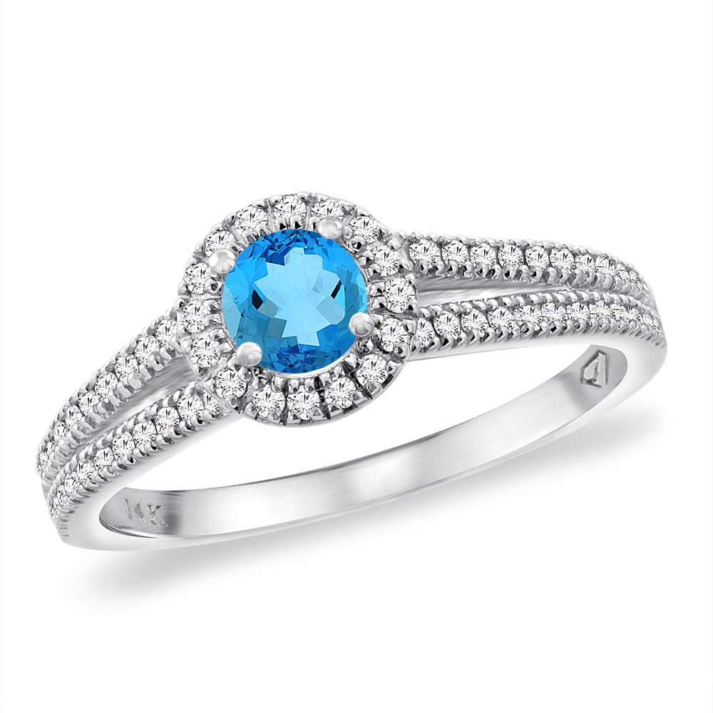 14K White Gold Natural Swiss Blue Topaz Split Shank Diamond Halo Engagement Ring 4mm Round, sizes 5 -10