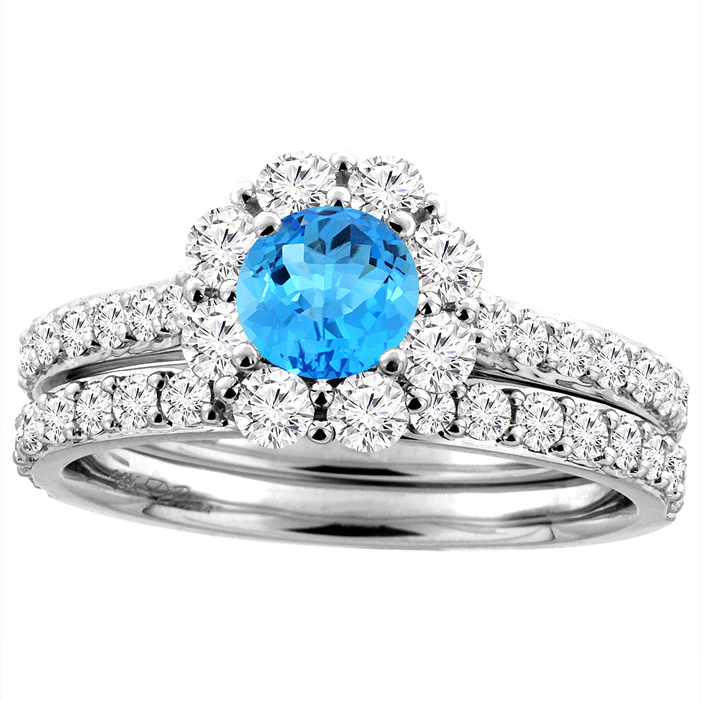 14K White Gold Diamond Natural Swiss Blue Topaz Halo Engagement Ring Set Round 5 mm, sizes 5-10
