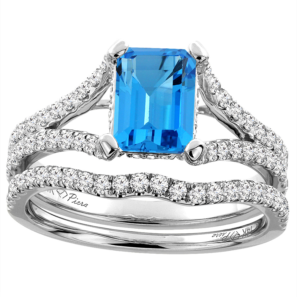 14K White Gold Natural Swiss Blue Topaz Engagement Ring Set Emerald 8x6 mm, sizes 5-10