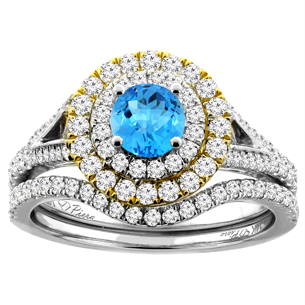 14K White Gold Diamond Natural Swiss Blue Topaz Halo Engagement Bridal Ring Set Round 5 mm, sizes 5-10