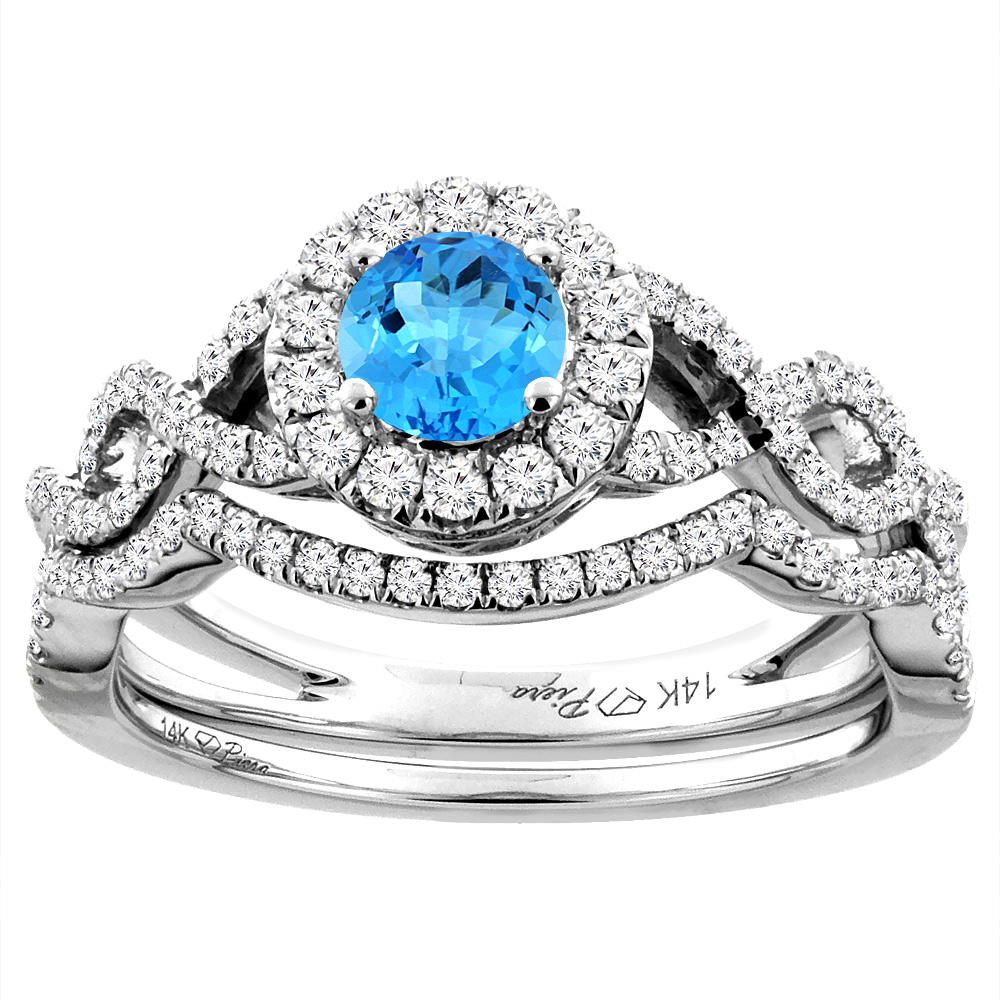 14K White Gold Diamond Natural Swiss Blue Topaz Halo Engagement Bridal Ring Set Round 5 mm, sizes 5-10