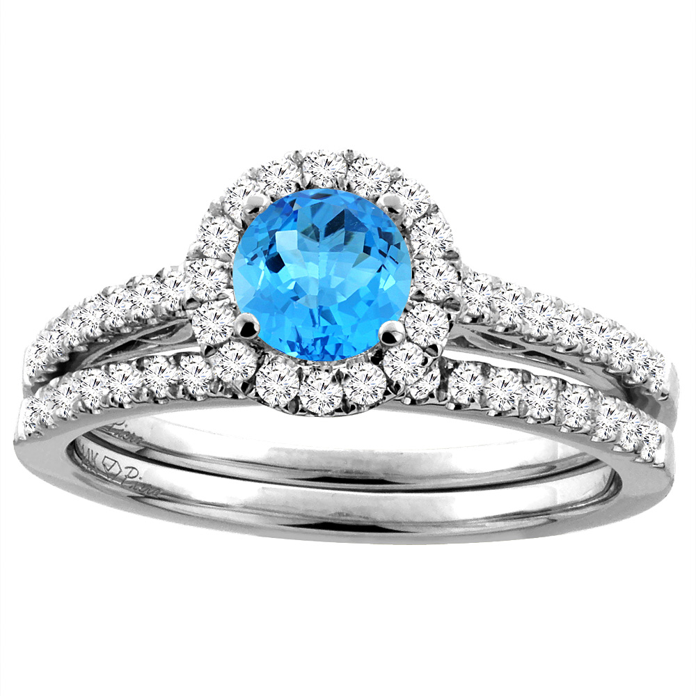 14K White Gold Diamond Natural Swiss Blue Topaz Halo Engagement Bridal Ring Set Round 6 mm, sizes 5-10