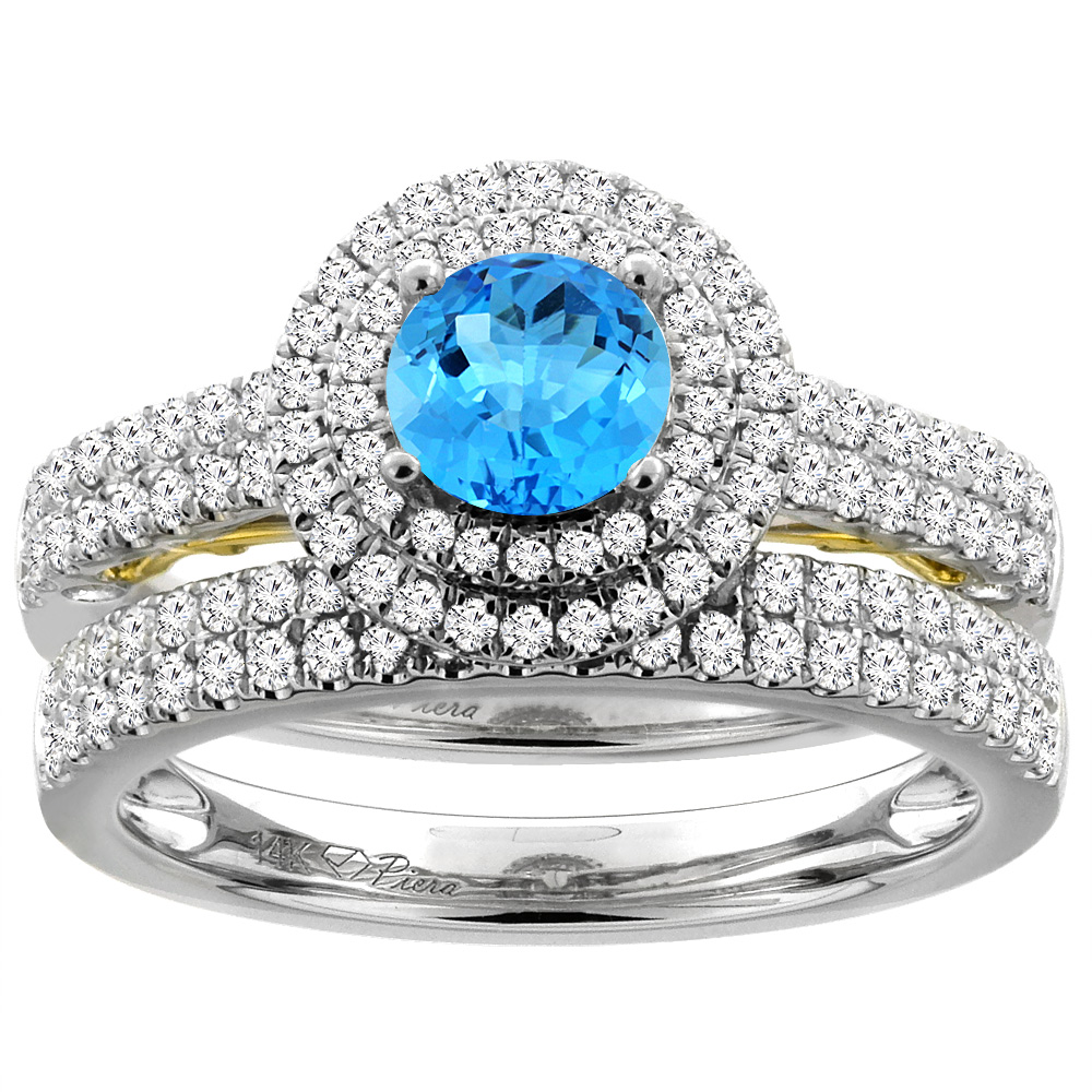 14K White Gold Diamond Natural Swiss Blue Topaz Halo Engagement Ring Set Round 6 mm, sizes 5-10