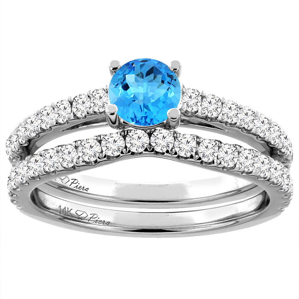 14K White Gold Diamond Natural Swiss Blue Topaz Engagement Bridal Ring Set Round 6 mm, sizes 5-10