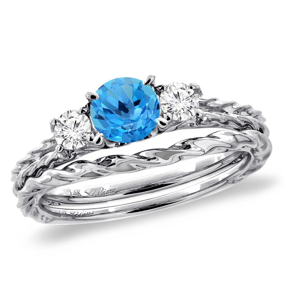 14K White Gold Diamond Natural Swiss Blue Topaz 2pc Engagement Ring Set Round 6mm Twisted, size 5-10
