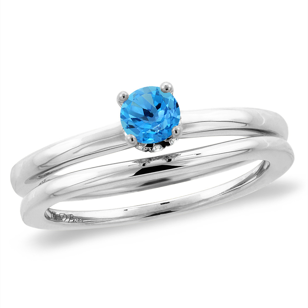 14K White Gold Diamond Natural Swiss Blue Topaz 2pc Solitaire Engagement Ring Set Round 6 mm,sz5-10