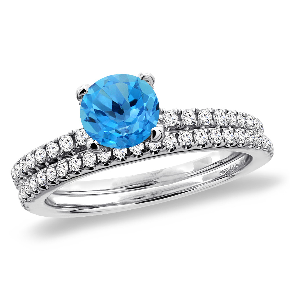 14K White Gold Diamond Natural Swiss Blue Topaz 2pc Engagement Ring Set Round 5 mm, sizes 5-10